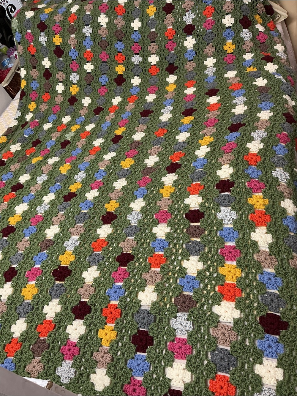 Handmade Multicolor Crochet Throw Blanket with Green Base